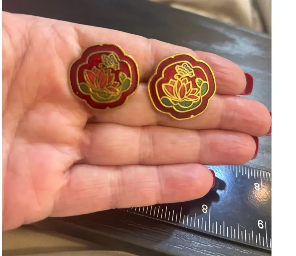 Vintage Cloisonné Lotus Flower Pierced Earrings